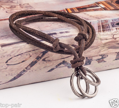 Mens Retro Metal Rings Pendant Genuine Leather Surfer Choker Long