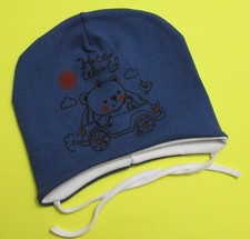 Cotton boys hat with ties, pilot cap, beanie, 3-6mths "hello world" blue hat