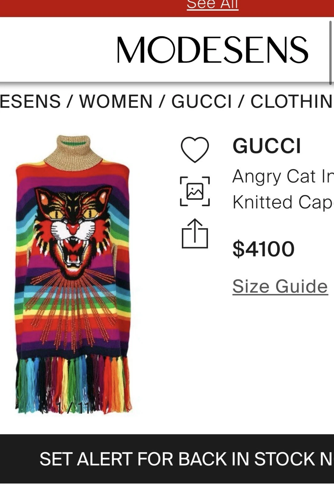 Nuovo Gucci 2017 Angry Cat Rainbow Cape Maglione Giacca Cappotto 38 40 42 44 S M