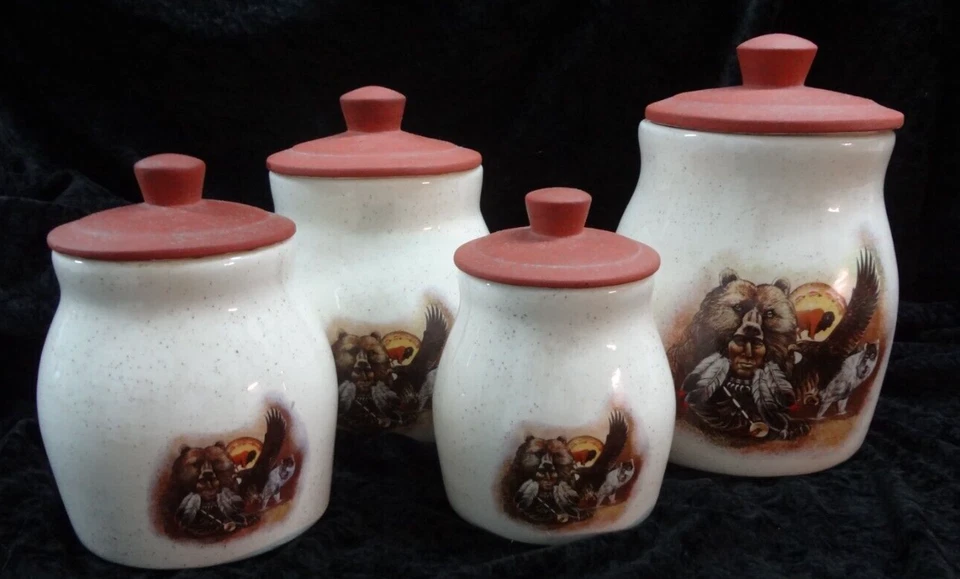 Kitchen Canisters, 4 / lids, Native American Bear Wolf Motif, Handmade Ceramic - Image 2 of 4