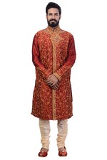 itailorman Men  s Wedding Red Kurta Set Embroidered Traditional Festive Wear