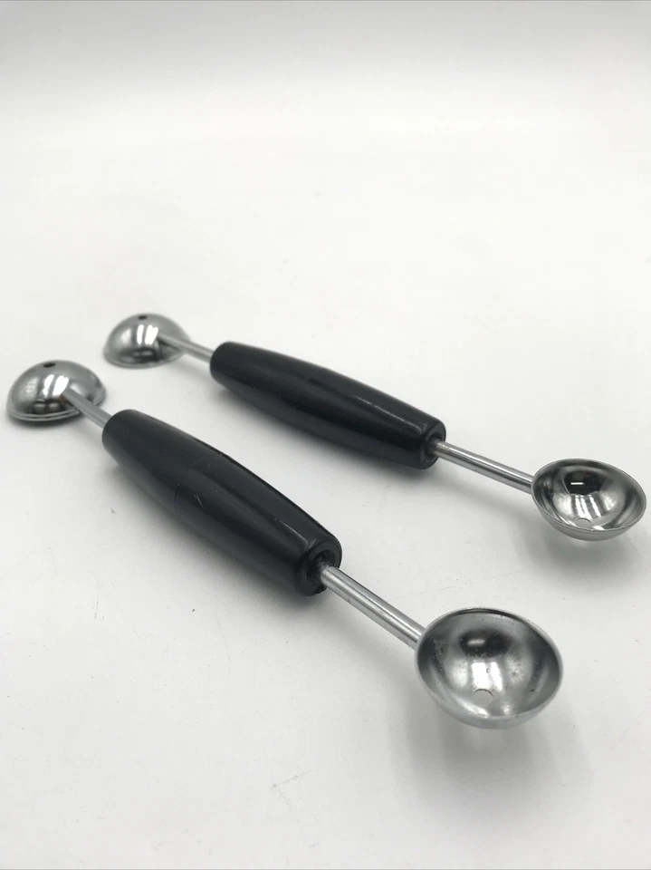 2 bolas de melón EKCO de colección mango negro cabezas dobles 3/4" 1 1/4" cucharada de bola EE. UU. Foto 2 de 4
