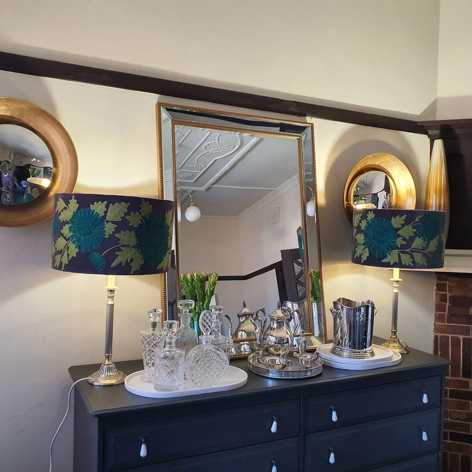 Pair of Stunning Pewter Lamps with Embroidered Green Velvet Shades - image 4 of 4