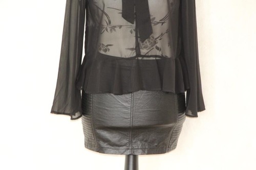Sheer black blouse with front tie Vintage 90s evening top Long sleeve ruffled M - Picture 7 of 12