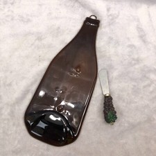 Wine Bottle Flattened Glass Cheese And Cracker Plate Blue Beads Handmade 12&rdquo;