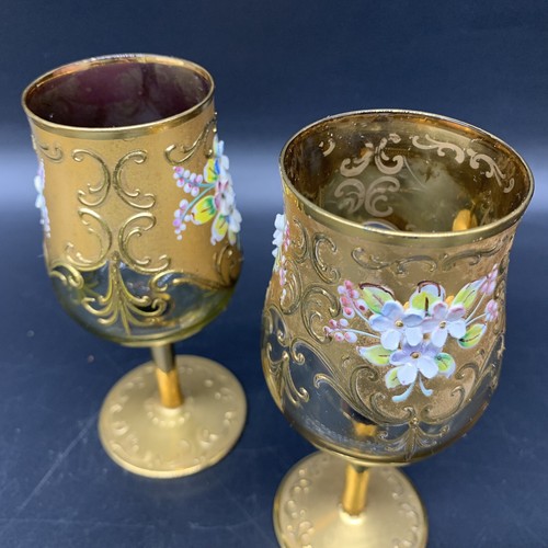 4 pc. VTG Czech Bohemian Gold Crystal w/ Applied Flowers - Goblets, Plate & Bowl - Picture 6 of 22