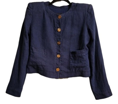 ADL Blue Linen Blend Jacket Womens M Collarless Shoulder Pad Button Minimalist 