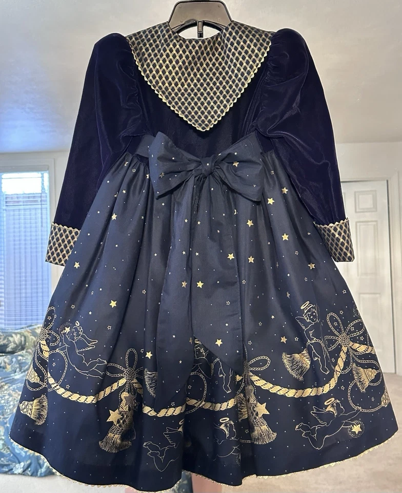 Vtg Daisy Kingdom Girls 4 Velvet Navy Cherub Angel Christmas Dress Gold Holiday - Image 4 of 4