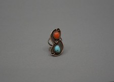 Vintage Navajo Sterling Silver Ring - Turquoise Coral - Size 5 - 1.5" Tall