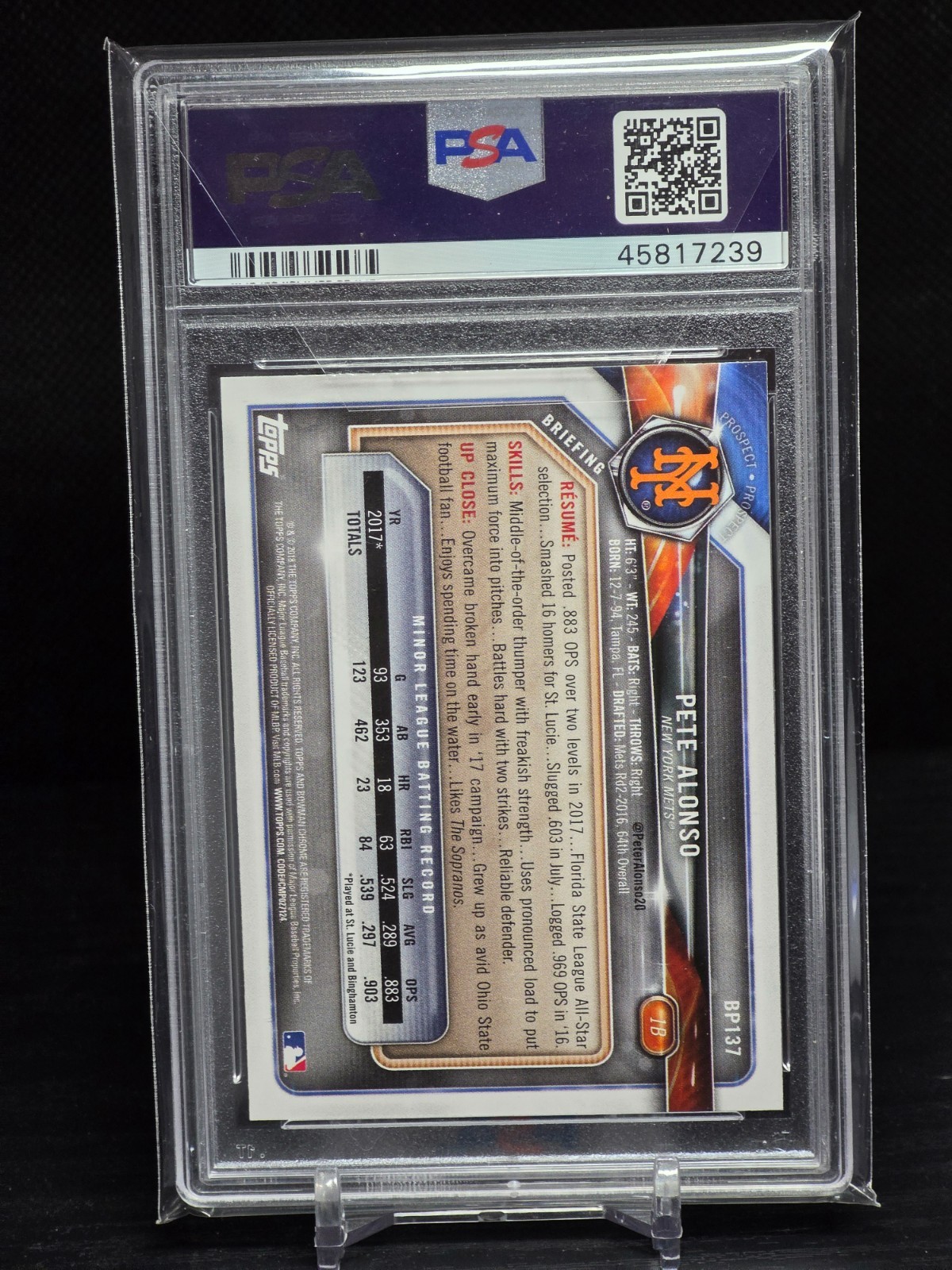 Pete Alonso 2018 Bowman Prospects Camo #BP137 Graded PSA 9 MINT view 2