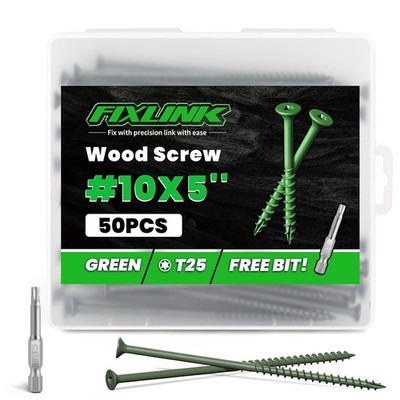 Wood Screws 5 Inch, FIXLINK Deck Screws #10 x 5, 50 PCS, Epoxy Coated, T25 Star