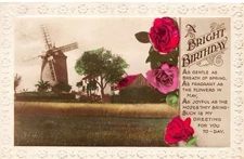 B474 Birthday Greetings 1929 Windmill Roses Flowers RPPC postcard