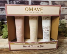 Omave Luxury Hand Cream Trio Cherry Vanilla Honey Fig Vetiver 2oz Tubes