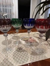 AJKA XENIA BOHEMIAN MultiColor CUT TO CLEAR 4 WINE GLASSES GOBLETS 7.7/8”GERMANY