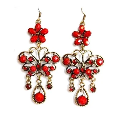 Boucles d’oreilles chandelier papillon - Bijou femme - Perle - Strass rouge - Photo 1/2