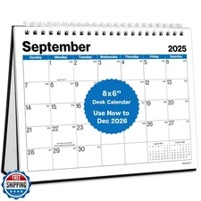 Dunwell 8x6" Small Standing Desk Calendar 2025-2026 (Blue), Compact Size for 