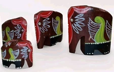 Carved Wooden Elephant Set Miniatures Figures 4 Hand Painted Graduated Boho