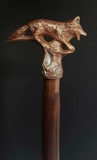 36'' Vintage Wooden Walking Cane with Brass Wolf Head Handle   Antique Style