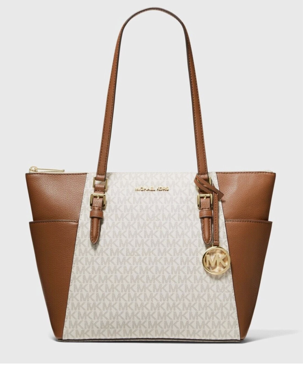 Michael Kors Charlotte Large Logo and Leather Top-Zip Tote Bag