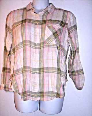 Time & Tru Size L Plaid Button Up Roll Tab Sleeve Shirt