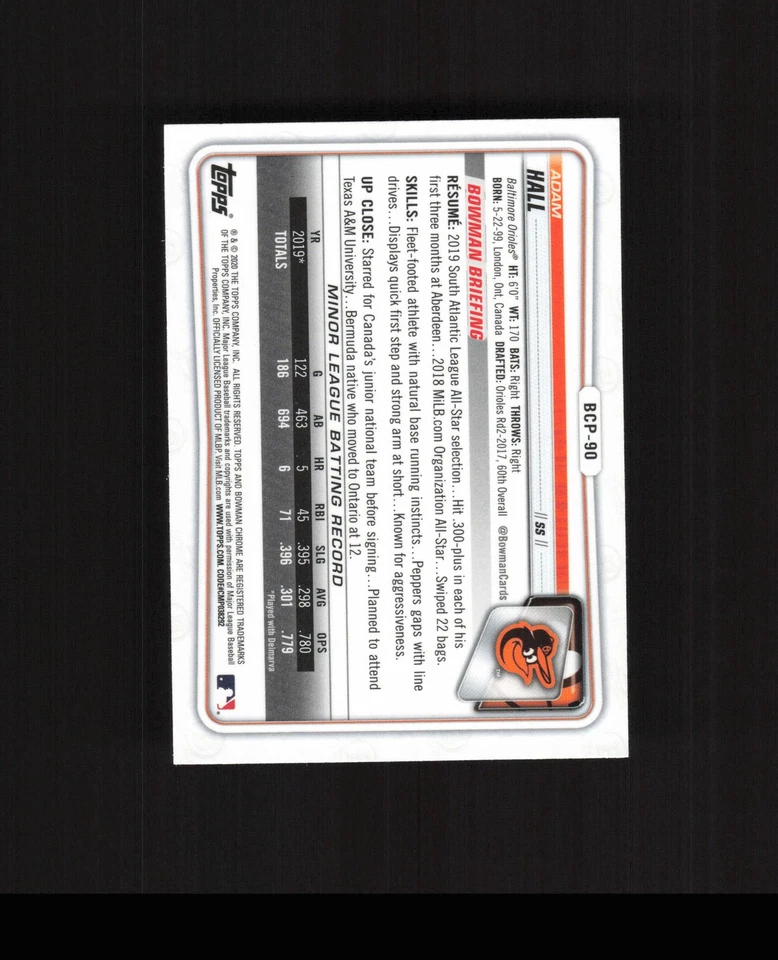 2020 Bowman Chrome #BCP-90 Adam Hall ROOKIE CARD Balitmore Orioles - Image 2 of 2