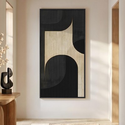 Large Framed Neutral Abstract Wall Art, Black Beige Vertical Canvas Prints Pa...