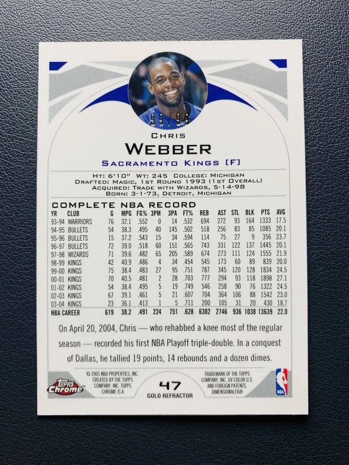 2004-05 Topps Chrome Chris Webber #47 GOLD Refractor 99/99≈1/1 HOF - Image 2 of 2