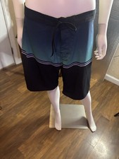 Burnside Men's Board Shorts Striped Blue Black Size 34 Drawstring Pockets