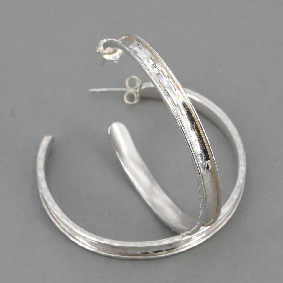 RARE Retired Silpada Big Hammered Sterling ENGLISH CHANNEL Hoop Earrings P2815 - Image 2 of 4