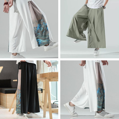 Summer Men's Han fu Pants Chinese Style Floral Trousers Retro Thin Casual Pants