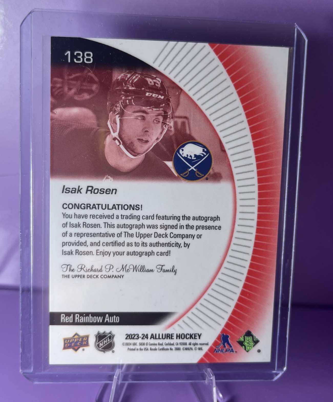2023-24 UPPER DECK ALLURE ROOKIES RED RAINBOW ISAK ROSEN #138 ROOKIE AUTO SABRES