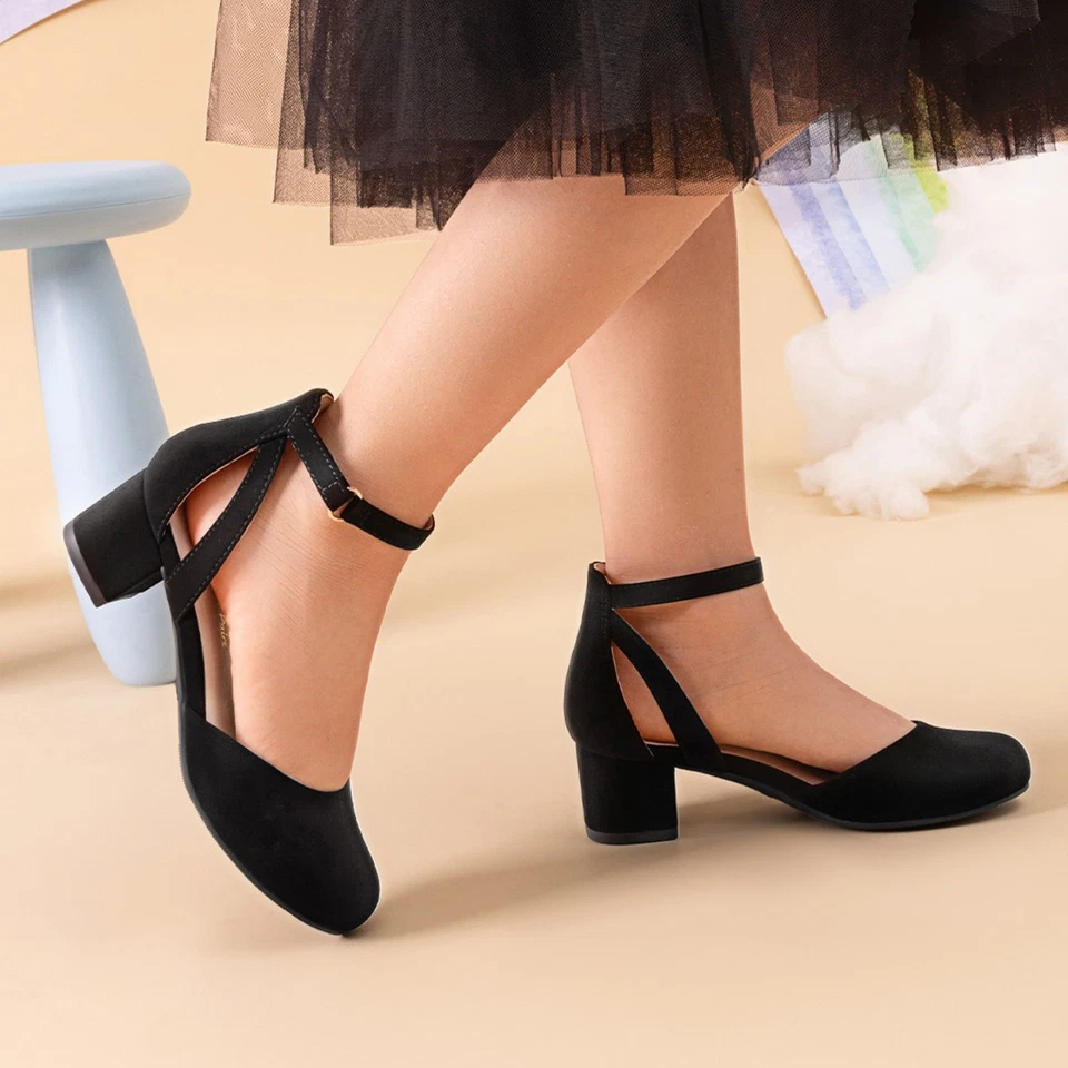 Niños Niñas Zapatos de Vestir Elegantes Tacones Bajos Bombas Boda Baile Fiesta Zapatos Foto 4 de 4