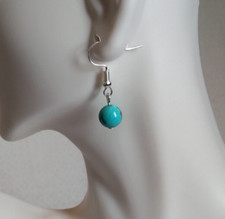 Turquoise Bead Drop Hook Earrings Silver Tone Natural Stone Gemstones Simple