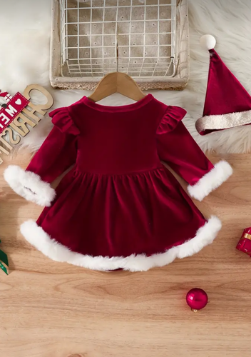 Red Velour Baby Christmas Santa Dress & Hat 18 -24 mo NEW Faux Fur -Santa Baby - Picture 2 of 10