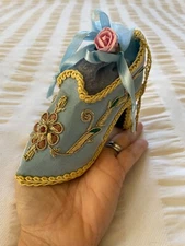 Satin Victorian shoe slipper high heel ornament blue gold with potpourri satchet