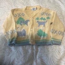 Vintage Hartstrings Baby Yellow Knit Cardigan with Dogs Sweater Size 24 Mo.