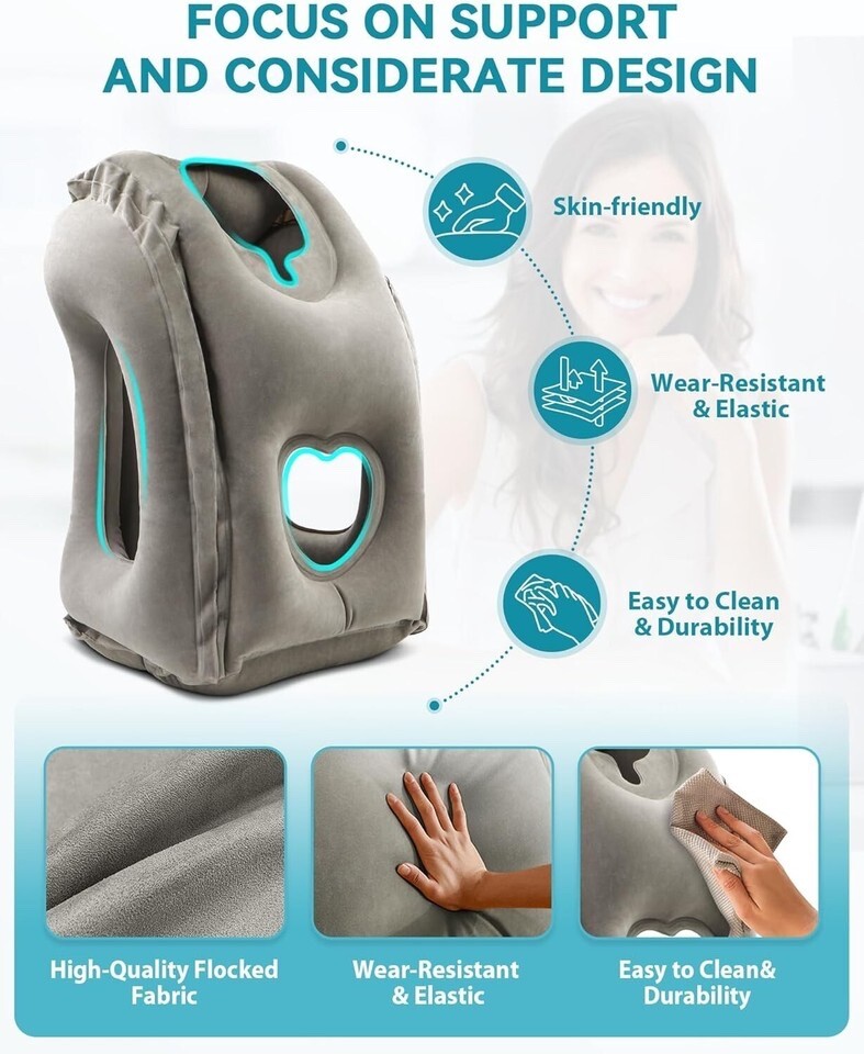 Inflatable Neck Pillow for Travel - Grey Support for Airplane Car Train & Office  