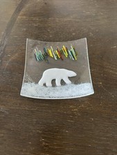 Fused Studio Art Glass Plate Dish Polar Bear Northern Lights Alaska Modern Art