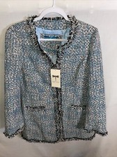 Tyler Boe Tweed Fringe Trim Jacket Womens Size Medium Blue White LS Pockets NWT