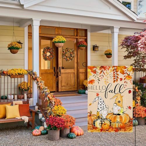 Hello Fall Gnomes Garden Flag Double Sided 12x18 Inch Burlap Autumn Pumpkins - Afbeelding 5 van 6