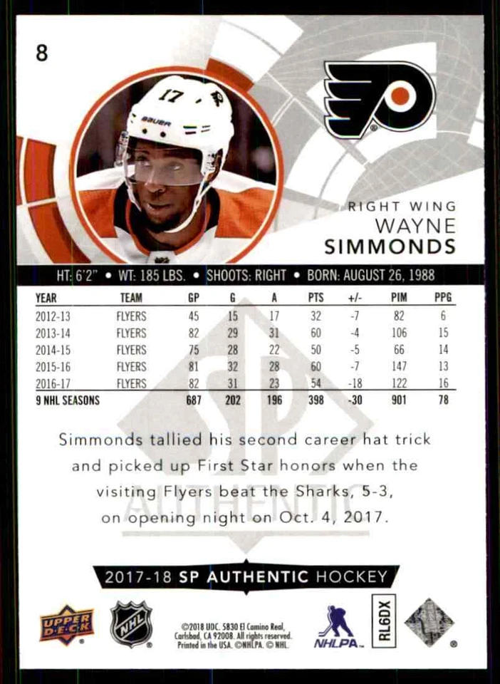 2017-18 Upper Deck SP Authentic Wayne Simmonds #8 - Image 2 of 2