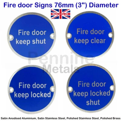 SGS 2 x Metal FIRE DOOR SIGNS 75mm Ø Fire Door Keep Shut Clear Locked + SCREWS