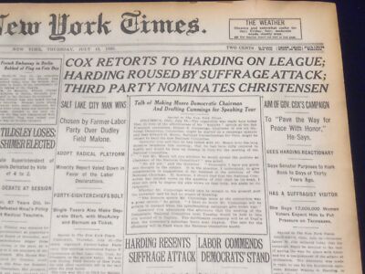 1920 JULY 15 NEW YORK TIMES - COX RETORTS TO HARDING ON LEAGUE - NT 9330
