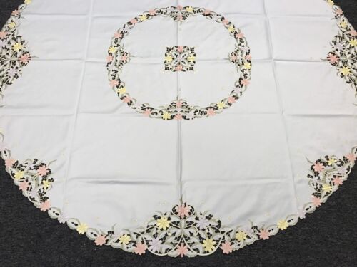 Spring Color Embroidered Floral Cutwork Embroidery Tablecloth 70" Round - Picture 2 of 7