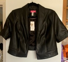 Isaac Mizrahi Live Faux Leather Short Sleeve Collar Pocket Jacket Bolero Size 8