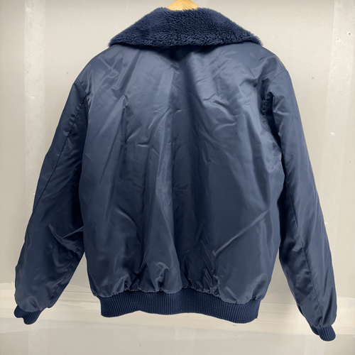 VTG Sears Work Leisure Faux Fur Bomber Flight Cop Nylon Jacket Tall Size L Blue - Picture 2 of 3
