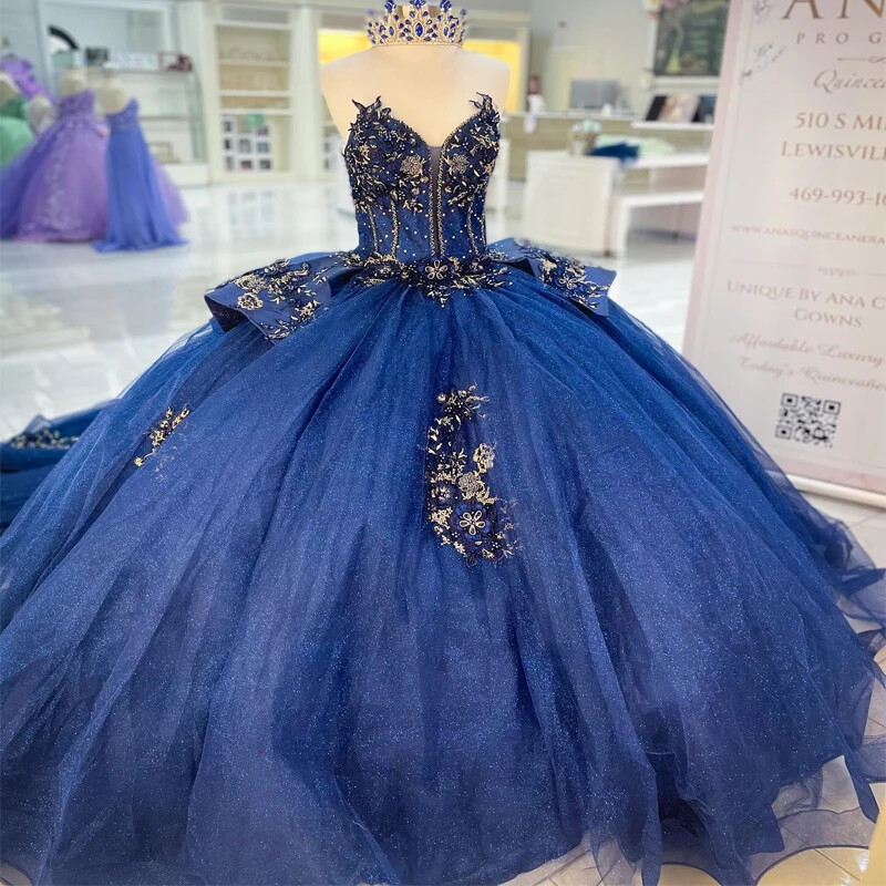 Navy Blue Quinceanera Dresses Shiny 3D Flowers Beaded Prom Ball Gowns Sweet  16 | eBay