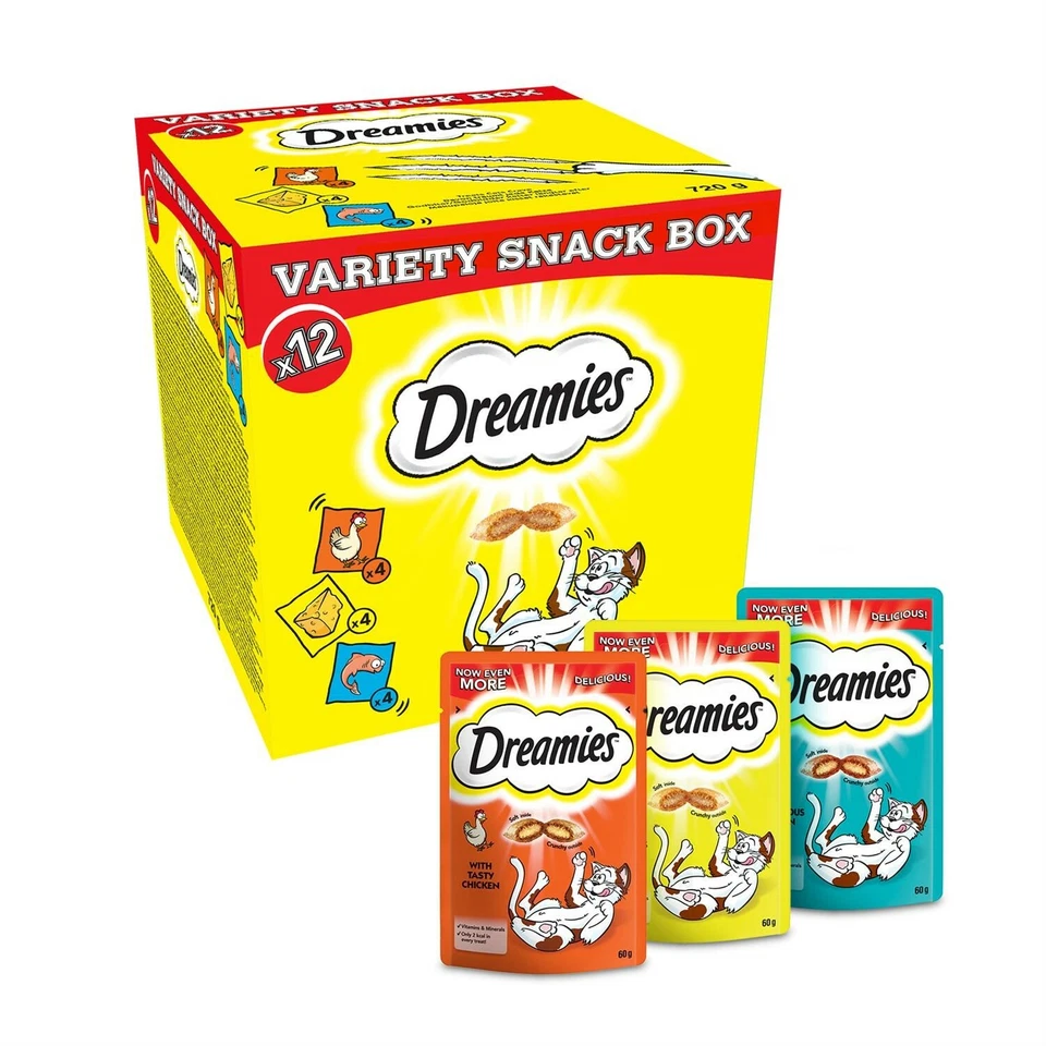 Dreamies Cat Treats Mixed Variety - Chicken, Cheese & Salmon 12x60g plain box