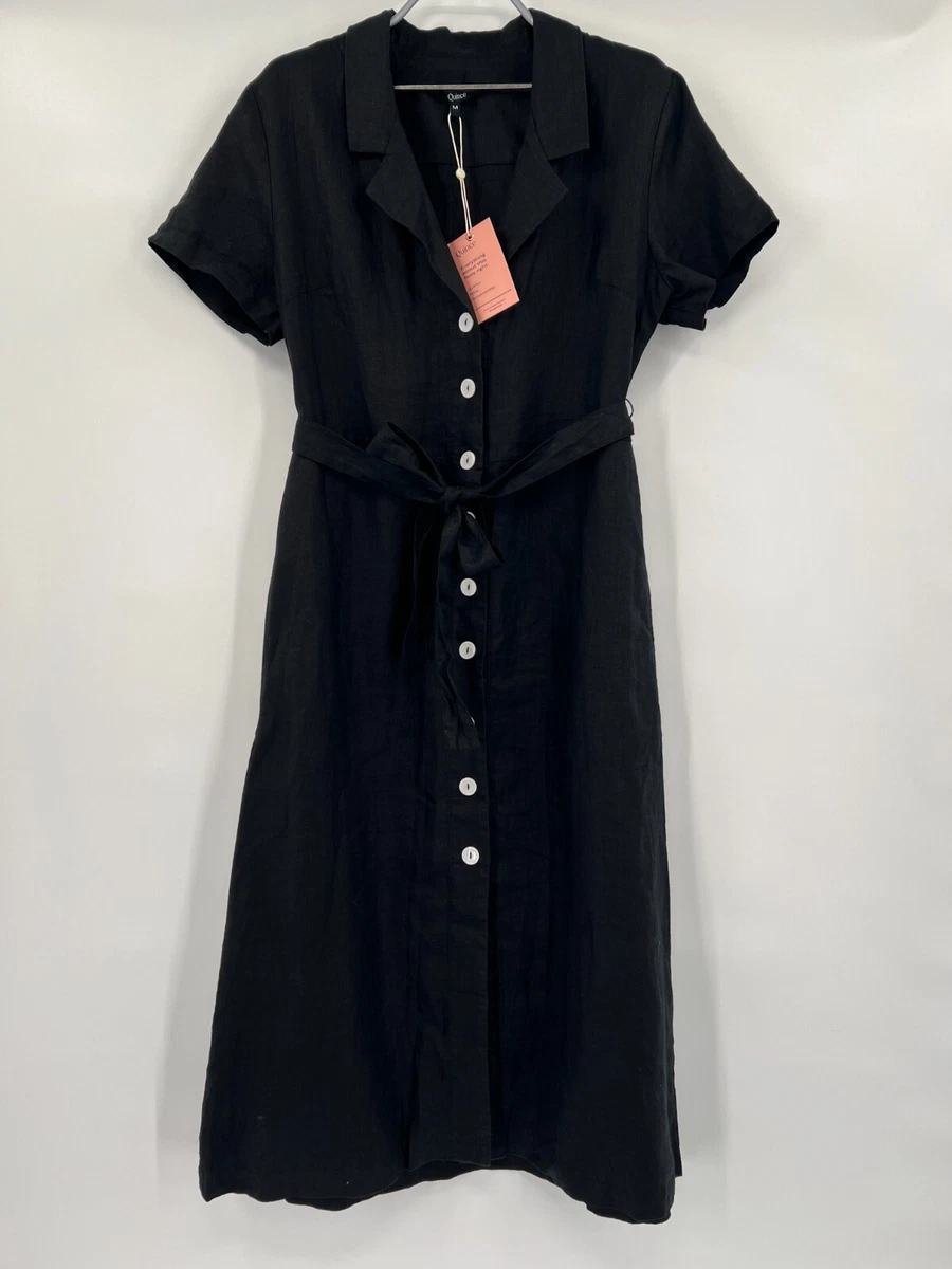 Quince Women's Black Linen Button Front Dress sz M Midi A-Line Belt Short  Sleeve