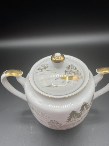 Vintage Kutani HandPainted White & Gold Teapot, Cream and Sugar Mt. Fugi Village - Picture 9 of 14